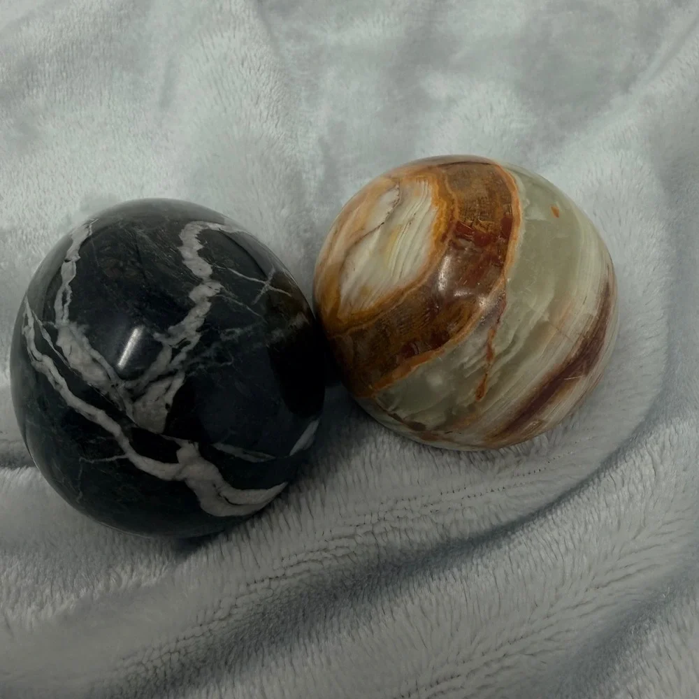 Vintage‎ Polished Stone Marble Onyx Decorative Eggs Black White Brown Set of 2